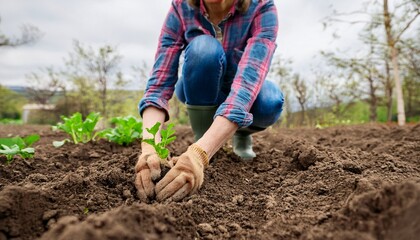 Gardening in spring. Human hands planting sprouts of tomatos in greenhouse. Farmer hands planting seedlings in vegetable garden. 