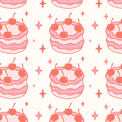 Seamless pattern with pink coquette cake and stars. Girly theme in flat styles. Coquette core cute design. Perfect for fabric design, wallpapers, stationery, wrapping paper.