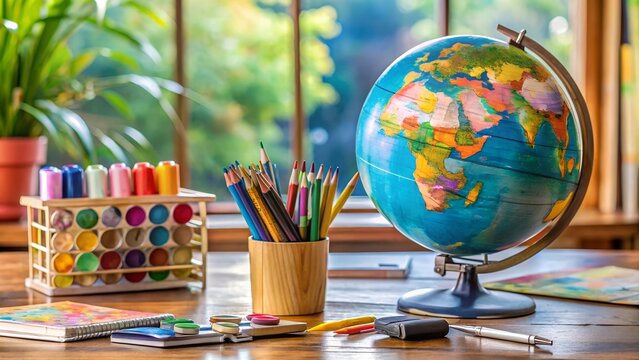 globe with pencils and textbooks on school desk concept.