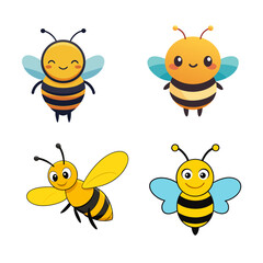 A funny set of cartoon bees, cute yellow and black flying insects, happily buzz around sweet honey in this vector illustration