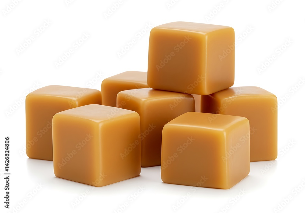 Poster a close up of several caramel cubes stacked together on a white surface in a studio shot view