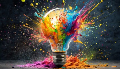 Creative light bulb explodes with colorful dry paint, sparks and splashes on a black backgrond 
