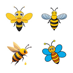 A cute yellow cartoon bee is flying near honey, part of a happy set of bees, an illustration of a natural insect
