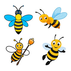 A cute cartoon bee, a happy yellow insect with wings, flies near sweet honey, an illustration of nature's tiny animal