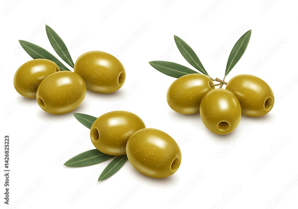 Poster three groups of green olives with leaves on a white background creating a clean and simple compositi
