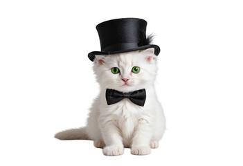 Small fluffy white kitten on a white background in a top hat and bow tie