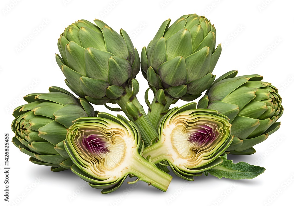 Poster a group of artichokes with one cut in half showing the inside on a white background surface view