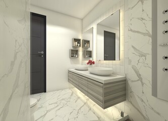 Bathroom interior sink cabinet design with two basins and a mirror panel.