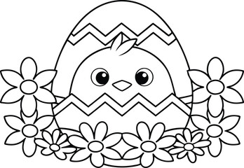 Chick Hatching From Easter Egg Cartoon Surrounded By Flowers Line Art