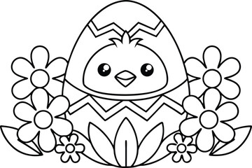 Hatching chick in patterned egg outline with flowers on transparent background
