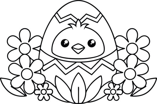 recommend clip art: Hatching chick in patterned egg outline with flowers on transparent background
