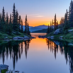 Lake Reflection at Sunset with Trees and Mountains