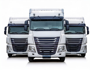 fleet of three white heavy trucks isolated on white background logistics and transportation concept cutout