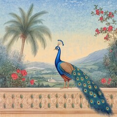 Decorative Moroccan Garden with peacock, Mughal wedding decoration peacock in garden in ornate frame.
