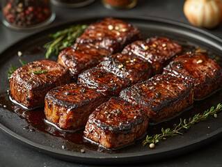 a plate of grilled steak with char marks, garnished with green herbs and sesame seeds, accompanied by roasted onions. The plate is placed on a table with various spices 