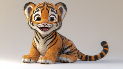 Cute cartoon tiger cub sits against a plain backdrop