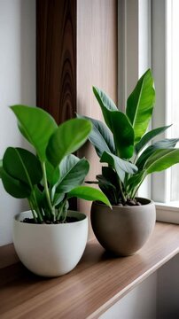 Close-up of vibrant indoor plants in decorative pots on a wooden shelf with a bright atmosphere