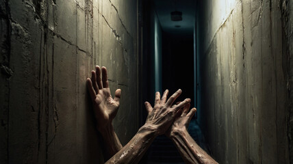Creepy hands reaching in dark hallway despair concept suffering helplessness