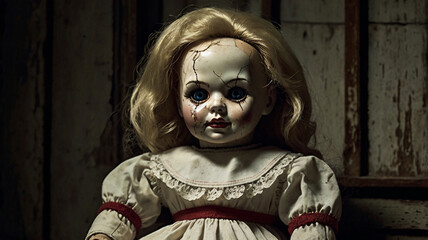 Creepy vintage doll with cracked face and eerie blue eyes image