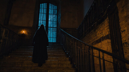 Dark figure ascending old staircase lit by candlelight in a spooky scene