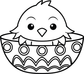 Outlined Baby Chick in Decorated Eggshell with Transparent Background