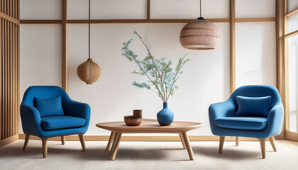 japandi and minimalist interior living room with blue chairs and coffee table