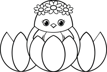 Cartoon chick hatching from egg with flower crown. Black and white outline