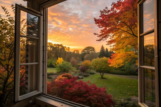 Golden sunrise view from an open window overlooking a lush autumn garden  morning landscape peaceful nature cozy foliage sunlight seasonal leaves warm tranquil rural scene
