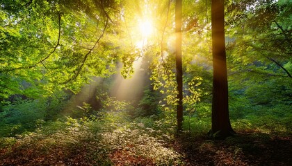 Obraz premium magical sunlight through forest leaves with copy space