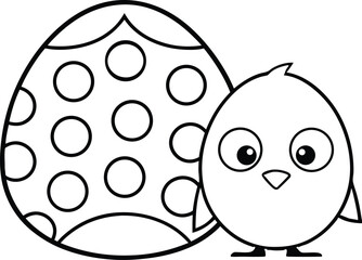 Outline Chick Next to Dotted Easter Egg on Transparent Background