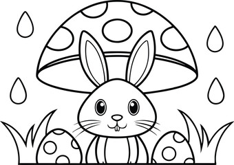 Whimsical Line Art Cartoon Rabbit with Mushroom, Grass, Eggs, Raindrops Outline