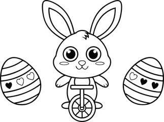 Cute Bunny Riding Tricycle with Striped Easter Eggs Coloring Page, Outlined
