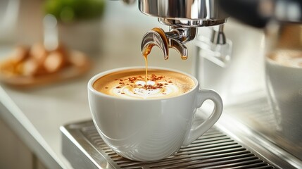 Woman enjoying a cup of coffee in a modern kitchen, isolated on white background