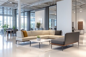 Modern office interior with seating area featuring a sectional sofa and armchair.