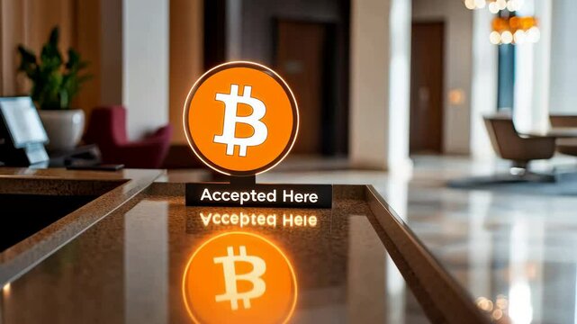 Bitcoin Accepted Here Concept, Modern Lobby Showcasing Bitcoin Symbol and Digital Currency Acceptance in Cryptocurrency Use