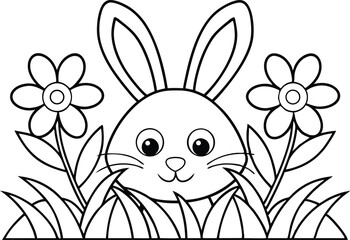 Cute Bunny in Outline, Flowers, and Grass on Transparent Background for Coloring