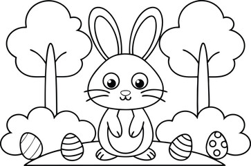 Black Outline Standing Rabbit among Trees & Easter Eggs Coloring Page Style