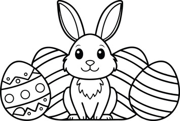 Outline bunny cartoon character with decorated eggs, transparent background