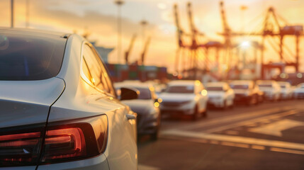 Close-up of cargo ship transporting brand new vehicles at sunset, with port cranes in distance. Automotive logistics, international shipping and global trade concepts.