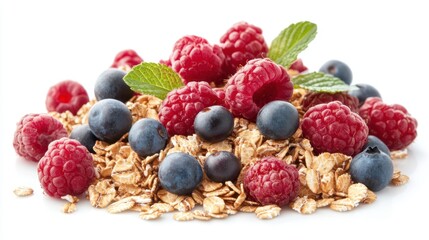 Person preparing a healthy breakfast with oats and berries, isolated on white background