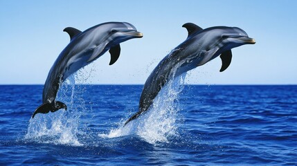 Obraz premium Two dolphins jump out of the blue ocean with splashing water.