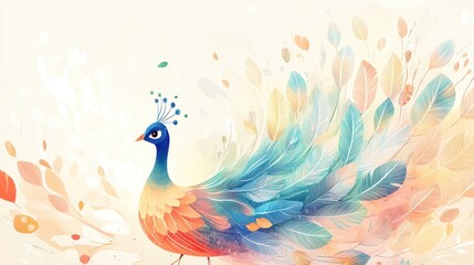 Fototapeta premium A light and delicate illustration of a peacock with its feathers scattered gracefully around.