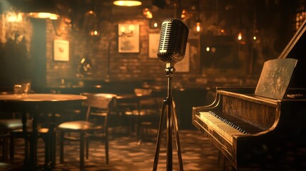 Microphone and piano in a dimly lit jazz club or bar interior.