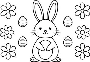 Outline Rabbit with Easter Eggs and Flowers Isolated on White