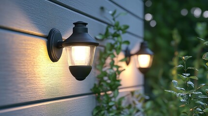 Outdoor wall lights illuminate a garden wall