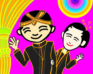 a pair of bride and groom dressed in traditional Javanese Indonesian clothing