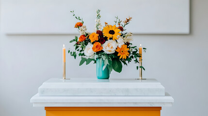 Autumnal Flower Arrangement with Candles on Marble Table