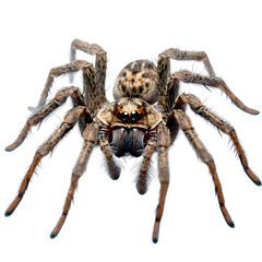 A large, hairy spider confronts the camera in a dramatic close-up against a stark white background.