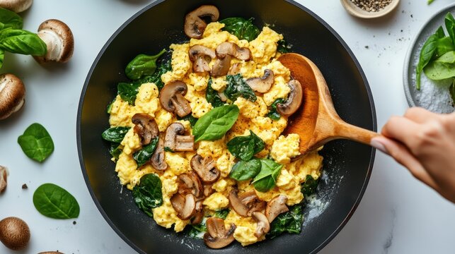 Woman preparing scrambled eggs with spinach and mushrooms, isolated on white background