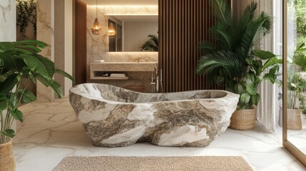 A luxurious natural stone bathtub is surrounded by lush green plants, creating a serene and earthy atmosphere.